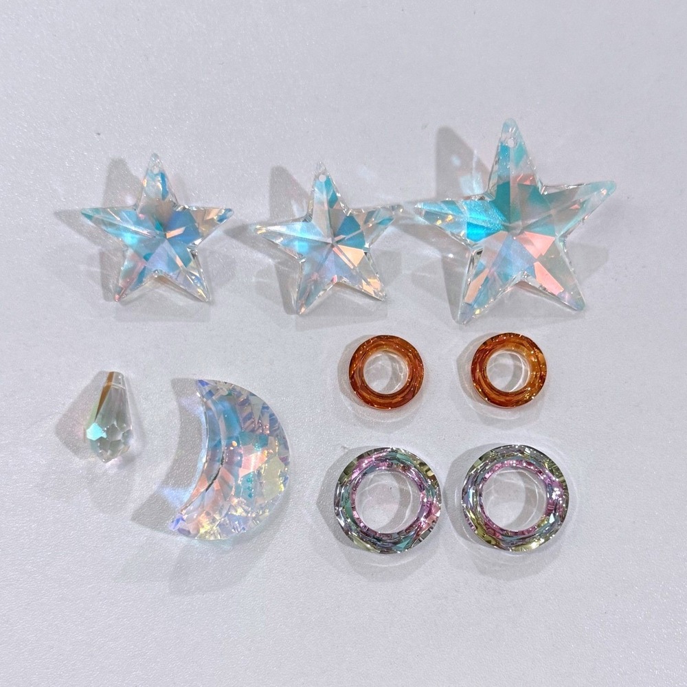 Swarovski Crystal AB Celestial Pendant Bead Lot Stars Moon Teardrop Rings 9pc 47